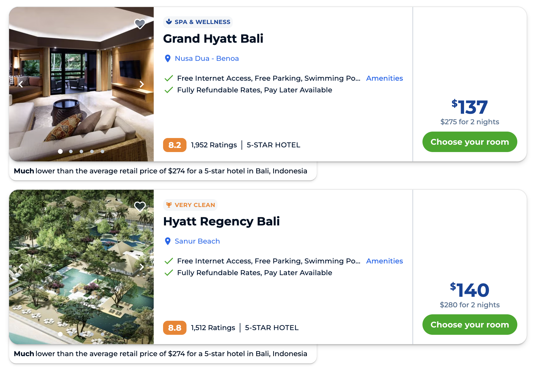 Priceline results for a two night stay in Bali.
